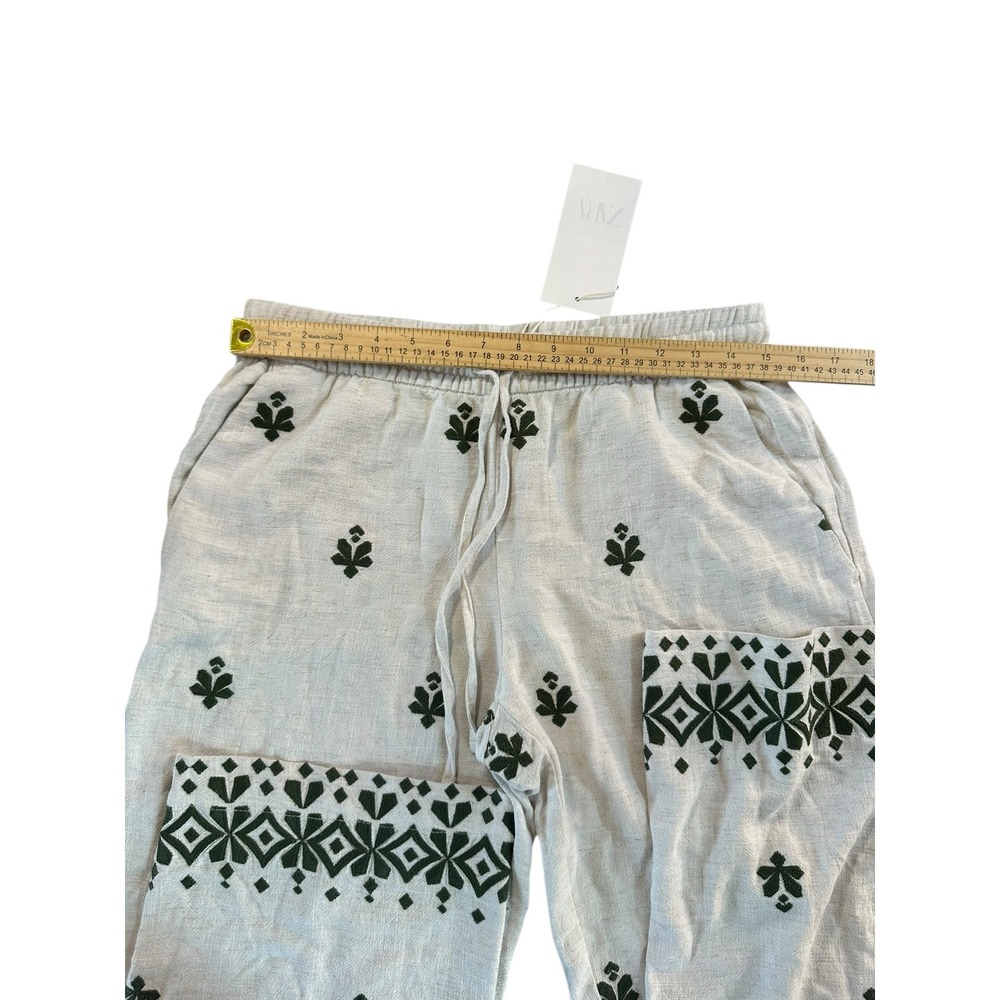 ZARA‎ NWT Linen Blend Embroidered Wide Leg Pants Boho Drawstring Size M - Picture 2 of 5